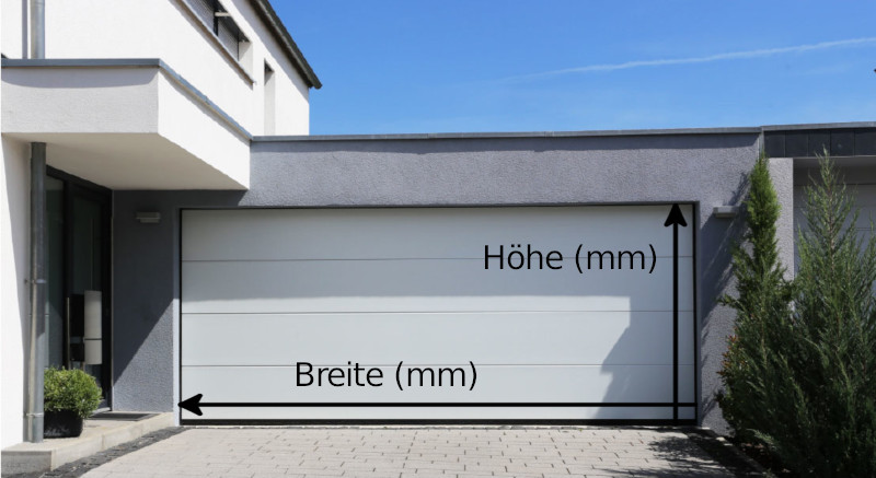 garagentor-masse-hoehe-breite-pfeile-beschriftung Frontansicht Sektionaltor mit 2 Pfeilen, die die Breite und Höhe des Tores verdeutlichen